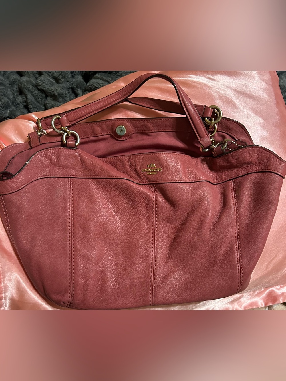 Coach Coral Pink Pebbled Leather Shoulder Bag with Gold Hardware